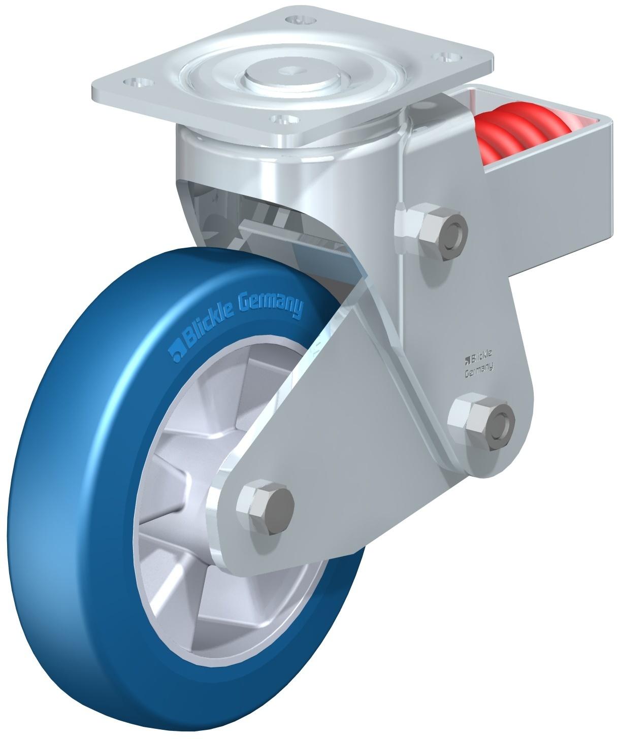 Spring tension	1256,6 lbs
Bolt hole Ø	0,43
Plate size	5.51 x 4.33
Bolt hole spacing	4.13 x 2.95-3.15
Wheel Ø	7,9 inch (D)
Wheel width	1,969 inch (T2)
Load capacity	1540 lbs
Initial tension	110,2 lbs
Spring travel	1 inch
Total height	10,4 inch (H)
Offset swivel caster	2,6 inch
unit weight	18,1 lbs
Temperature resistance to	-13 °F
Temperature resistance to	158 °F
tread and tire hardness	75° Shore A
Bearing type:	Ball bearing